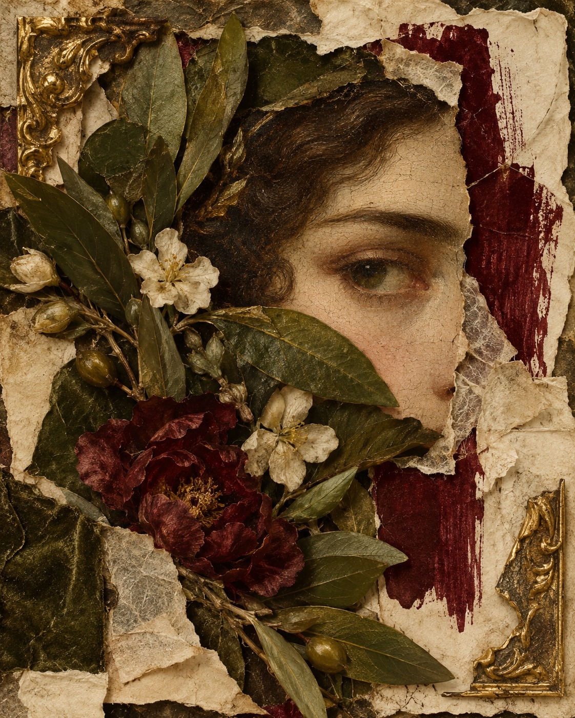 Colagem artística com um olho em pintura, flores e recortes de papel antigo